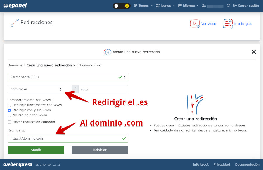 redireccionar un dominio a otro